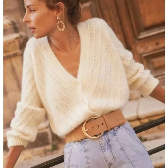 V-Cut Buttoned Down Off White Knit Cardigan Textured, Long Sleeve - Picture 1 of 12